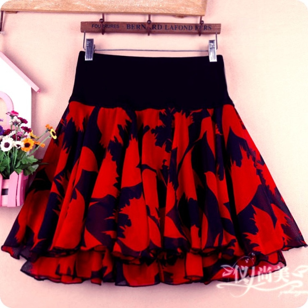 Red and Black Skirt Flowy Skirt